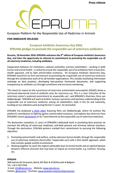 European Antibiotic Awareness Day 2016:
EPRUMA pledges to promote the responsible use of veterinary antibiotics
